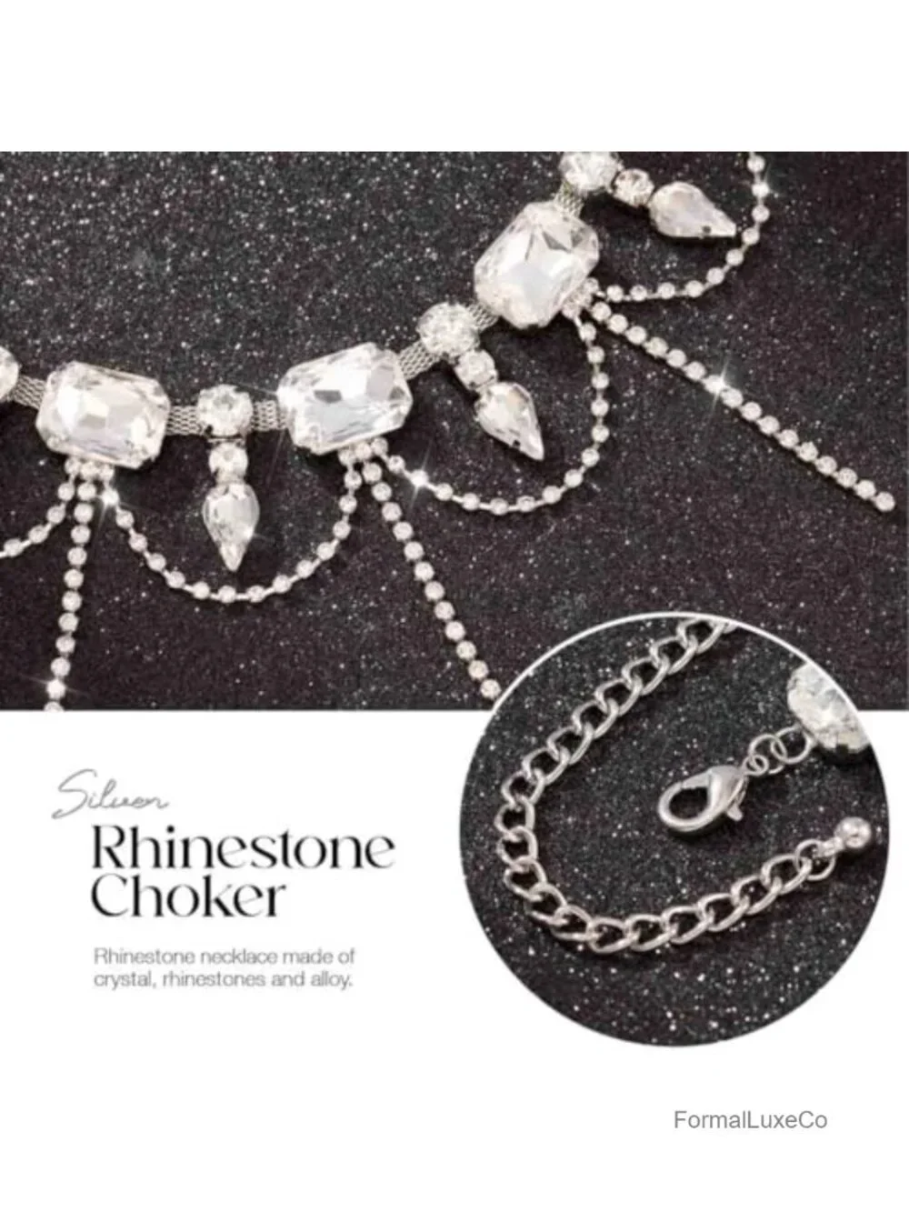 Silver Rhinestone Choker Necklace Sparkly Crystal Tassel Collar Prom Wedding